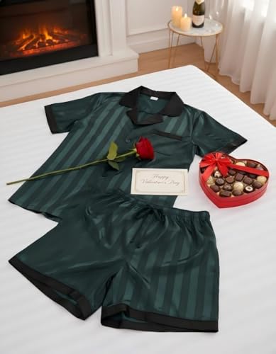 Image of DEARCASE Men's Satin Silk Pajamas Set Classic Button Down Sleepwear 2 Piece | Soft and comfortable silk fabric, lightweight, spliced color sexy lounge wear, short sleeve sleepwear shorts with Pockets