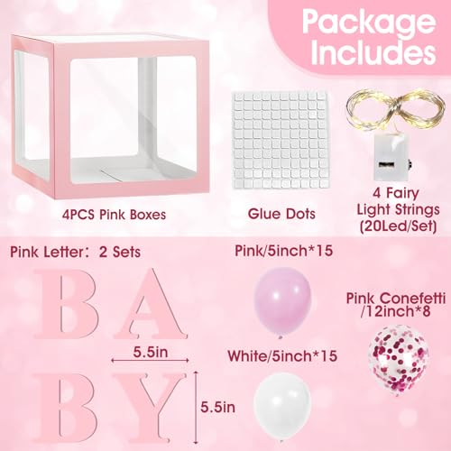 Image of Ledido Baby Boxes with Letters for Baby Shower Decoration, 4 pcs Clear Baby Balloon Boxes Blocks with LED Fairy String Lights 38 Balloons for Boy Girl Gender Reveal Birthday Party (Pink)