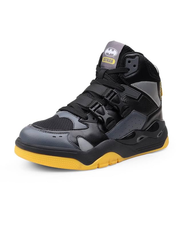 Image of Bacca Bucci Men's Batman-Inspired High-Top Sneakers | Chunky Streetwear Shoes with Mesh Panels, Buckle Strap Detail, Black Grey Yellow Colorway | Casual Statement Shoes