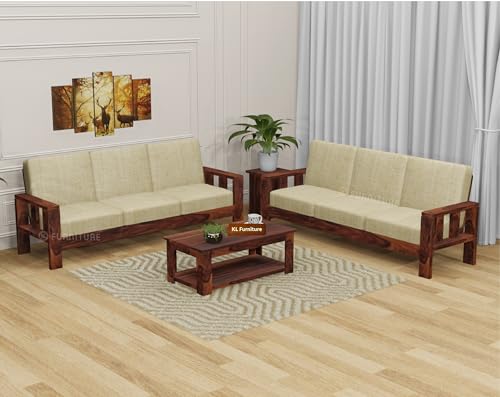 Image of KL Furniture 6 Seater Sofa for Living Room | Sheesham Wood Sofa Set 6 Seater for Home Furniture 3+3 | Solid Wood Sofa Set (Natural Finish)
