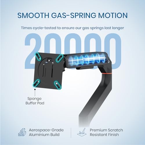 Image of Portronics Aerolift Solo Gas Spring Monitor Arm, Desk Mount for 13-32 Inch Screens, VESA 75x75 & 100x100 mm, Full Motion Tilt /Swivel /Rotation, C-Clamp & Grommet Installation, Aluminium Build