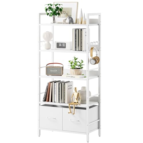Aibiju Estantería de 5 Niveles con 2 Cajones de Tela, Estantería Independiente para Dormitorio, Sala de Estar y Oficina, Color Blanco YD-BC002W