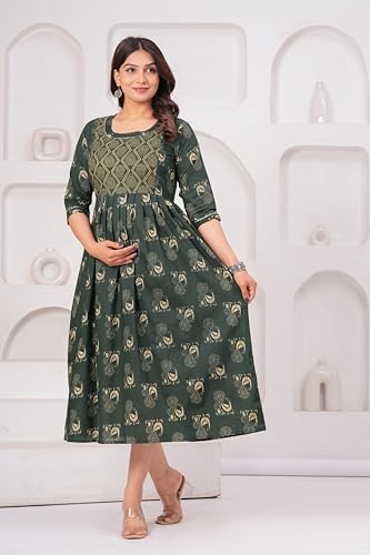 Image of The Moon Star Women's Cotton Floral Printed Anarkali Maternity Feeding Kurti | Breastfeeding Dress for Mothers | Zipper Feeding Kurti, Nursing Kurti, Comfortable and Trendy Maternity Wear