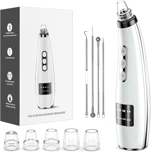 Blackhead Remover Pore Vacuum, Blackhead Vacuum, Facial Pore Cleaner with 5 Adjustable Suction Levels, 5 Probes, USB Rechargeable Pore Cleaner, Electric Comedone Whitehead Extractor Tools
