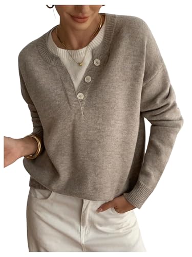 SOLY HUX Pullover Sweaters for Women Long Sleeve Button Crew Neck