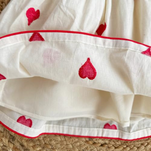 Image of Stanwells Kids Dress for Girls Heart Embroidery Pattern Knee Length Applique Kerala Ethnic Cotton Frock for Baby Girls Zipper Cap Sleeve Dress for Girls Cream & Red (6 Months - 7 Years)