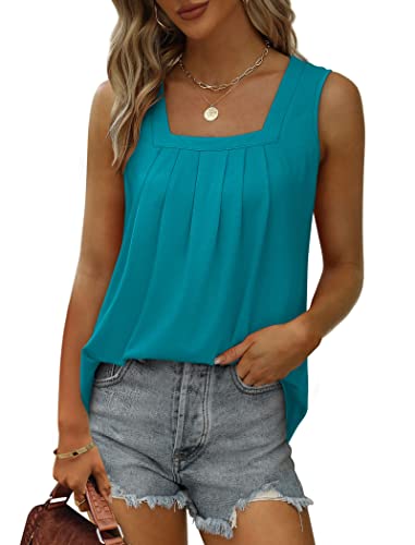 Image of Saloogoe Summer Tank Tops for Women Loose Fit Pleated Square Neck Sleeveless Tops Curved Hem Flowy