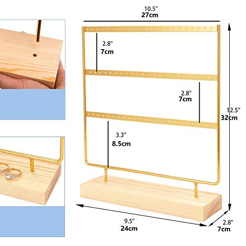 Lemonadeus Earring Holder For Hanging Earrings Earring Stand Tree Display Stand Ear Stud Holder Jewelry Tower With Wooden Tray Dish (Gold（66 Holes 3 Tier）) #TOP6