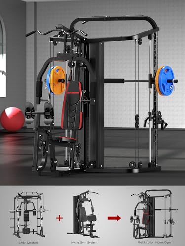 Image of SunHome Multifunction Home Gym Equipment Workout Station, Smith Machine with 138LB Weight Stack, Leg Press, LAT Station for Full Body Training