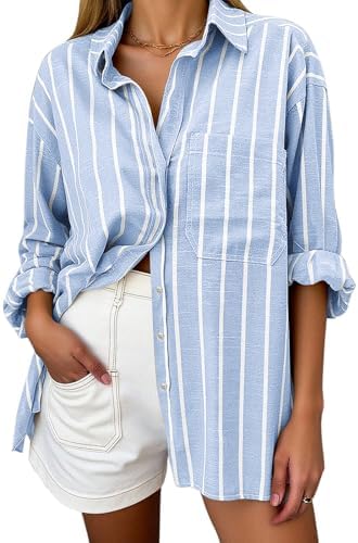 Oversized Button Down Shirts for Women Linen Shirt Long Sleeve Co...