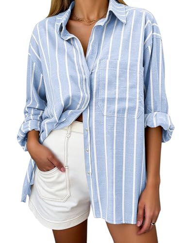 Oversized Button Down Shirts for Women Linen Shirt Long Sleeve Collared Blouses with Pocket Beach Vacation Outfit 2026 Blue White Striped XL