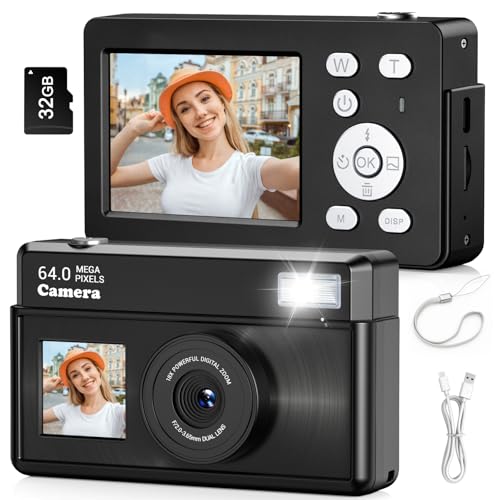 Teoryieer Macchina Fotografica Digitale, Fotocamera Digitale Compatta 4K 64MP, Scheda da 32 GB, Anti-vibrazione, Zoom 18X, Videocamera per Vlogging per Adolescenti, Principianti, Adult (Nero)