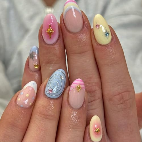 Pastel Rainbow Press on Nails Short Oval Fake Nails Polka Dot False Nail | Star & Swirl Print Stick on Nails Glossy Reusable Gradient Color Cute Y2K Nail Press ons for Women Daily Manicure 24Pcs