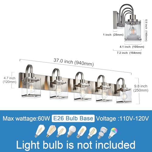 Image of Bathroom Vanity Light 5-Light Wall Sconce Lighting Modern Wall Light with Clear Glass Shade Modern Brushed Nickel Wall Lamp Mounted Lights Over Mirror for Living Room, Bedroom, Hallway