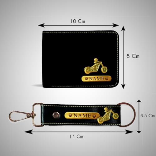 Image of Mens Leather Wallet and Keychain Combo Name Leather Wallet Keychain for Mens Personalized Wallet Keychain Set with Wallets Keychains for Men | Customised Gift Set for Men with Name & Charm, Black