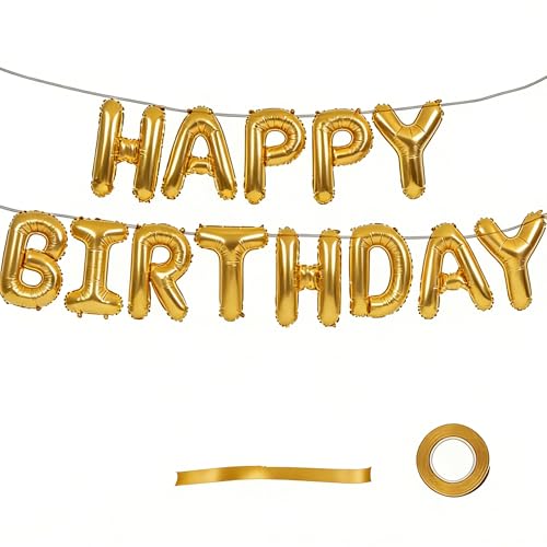 16 Inch Black Happy Birthday Mylar Foil Letters Banner – Reusable Balloon Bunting Sign for 30th 40th 50th 60th Adult Birthday Parties & Halloween Decorations (golden)