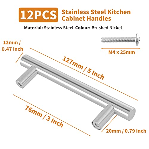 Cjueiom 12 Pack Brushed Nickel Cupboard Handles 76mm Hole Center T Bar Handles - Image 3