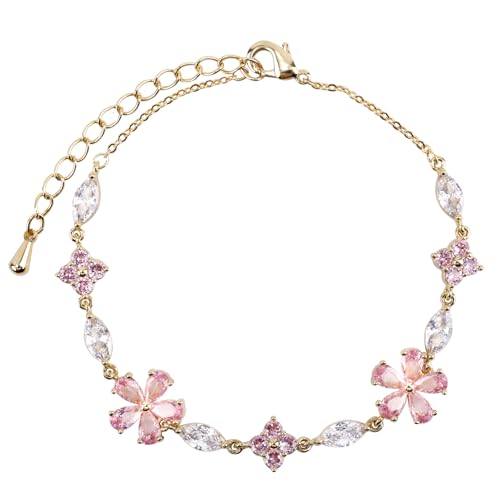 Cherry Blossom Bracelet, Gold Adjustable Flower Chain Pink Crystal Cherry Blossom Sakura Floral Bracelet Sparkly Petal Jewelry Accessories for Women