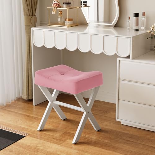 Image of Memobarco 18-Inch Leather Vanity Stool Chair, Vanity Bench with Metal X-Leg, Ottoman Accent Stool with Thick Padded Saddle Seat, Pink