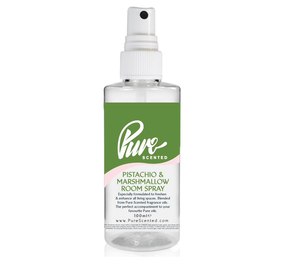 "Pure Scented 100ml Room & Fabric Sprays Suitable For Home, Car, Caravan, Work, Gym Bags, Odour Eliminators (1 x 100ml, Pistachio & Marshmallow)"