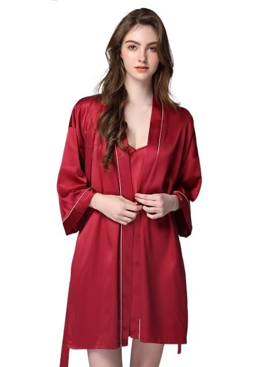 HYKJCSS Albornoz Conjunto De Bata Satén Seda para Mujer, Pijama 2 Piezas, Baño Corta para Dama Honor, Ropa Descanso Ropa(E,XL)