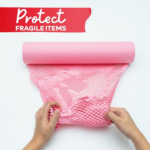Pink Honeycomb Packing Paper for Moving 15-Inch x 118-Feet Bubble Honeycomb Wrap, Honeycomb Wrapping Paper for Packing Cushion with 30 Fragile Stickers Packing Supplies by Xfasten