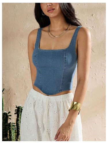 SHENHE Women's Denim Tank Top Sleeveless Square Neck Backless Slim Fit Y2k Crop Top3