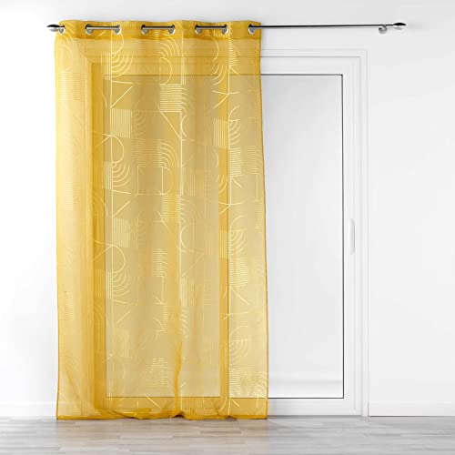 Douceur d'Intérieur, Voilage à Oeillets (140 x 240 cm) Lineor Jaune/Or, Voile Sablé Imprimé Métallisé
