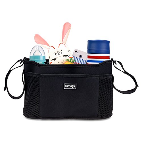 Image of CM Stroller Organizer Diaper Bag Stroller Accessories Pack with Drink Holders and Zipped Pockets for Baby Stroller, Car, Shopping Cart. Fits All Major Strollers. (Black)