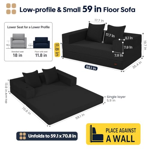 Image of COMAX Boneless Futon Sofa Bed, 59 inch Small Low-Profile Floor Couch, Black