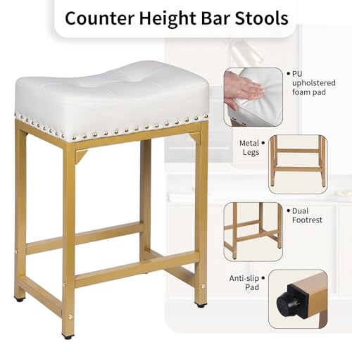 Image of White & Gold Counter Height Bar Stools Set of 3, 24 inch Bar Stools for Kitchen Island, Modern Counter Stool Set of 3 Backless Saddle Barstools for Kitchen Dining Room White Gold