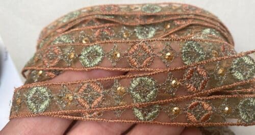 Terracotta Green Embroidered Trim Hand Sewn 1/2" Sequins Glass Beads 1yd Fabric