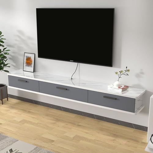 Meuble de salon moderne flottant gris et blanc pour créer un coin cinéma épuré chez soi