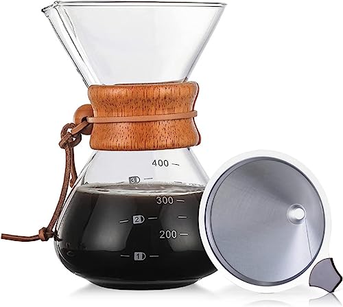 Passador de Café Cafeteira Feito 400ml em Vidro Borossilicato Com Alça em Madeira E Filtro Inox
