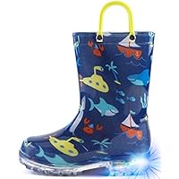 HugRain Boys Kids Wellies Wellingtons Boots Baby Child Light Up Rain Boots Toddler Waterproof Shoes Lightweight Ocean Shark Cute Design with Easy On Handles and Insole (Size 12,blue)