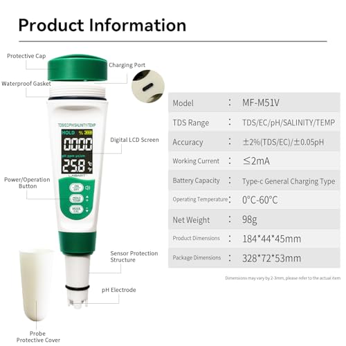 Image of LABART 5-in-1 Digital pH Meter & TDS Tester with Voice Function | EC, Salinity & Temperature Monitor | Waterproof Rechargeable Device for Aquarium, Pool & Drinking Water