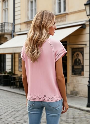 Image of SAUKOLE Women's Sweater Vest Casual V Neck Cap Sleeve Knit Pullover Tops | 2026 Spring Clothes, Soft Knit Shirts, Short Sleeves T-shirts, Tunic Blouses, Sweater Tank Tops