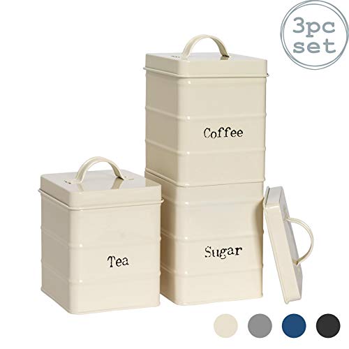 Harbour Housewares 3 Piece Industrial Tea Coffee Sugar Canister Set - Vintage Style Steel Kitchen Storage Caddy with Lid - Cream