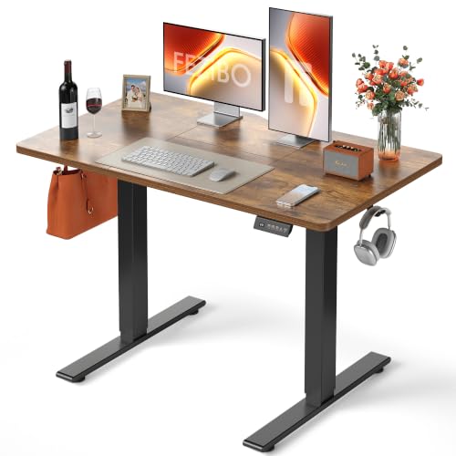 Image of FEZIBO Electric Height Adjustable Standing Desk with digital display control panel, 60x120cm Ergonomic Home Office Table for sit stand with Splice Board & Black Rustic Wood Grain Surface