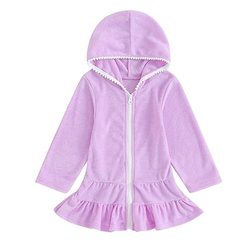 Image of Girls Terry Cloth Swim Cover Up Zip Up Hooded Bathing Suit Coverup Wraps Rufled Kids Pool Beach Robe Cover-Up Dress