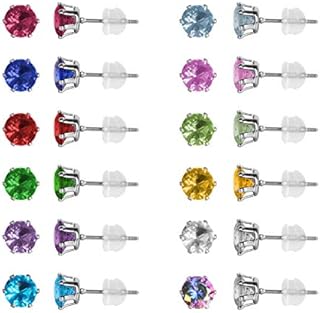 12 Pairs Stainless Steel CZ Stud Earrings for Women, Brilliant Cut Round Cubic Zirconia Stud Earrings, Birthstone Stud Earrings Set with Soft Clear Silicone Earring Backs 3mm, 4mm, 5mm, 6mm