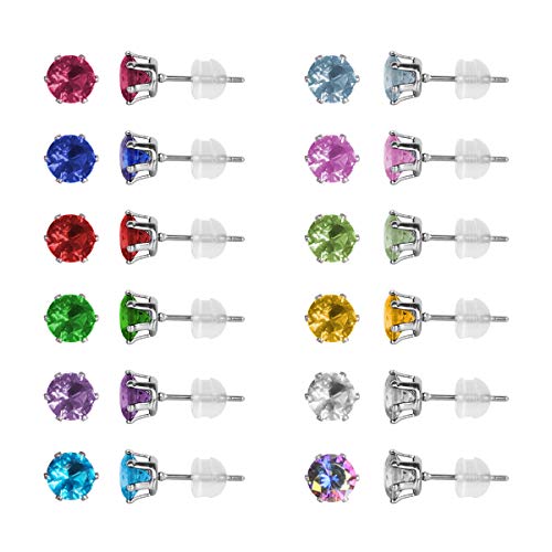 12 Pairs Stainless Steel CZ Stud Earrings for Women, Brilliant Cut Round Cubic Zirconia Stud Earrings, Birthstone Stud Earrings Set
