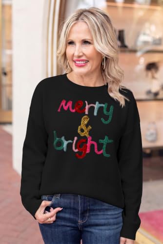 Image of LEMAFER Women 2026 Merry Christmas Round Neck Sequin Letters Sweater Casual Solid Slogan Long Sleeve Pullover Sweatshirt Tops
