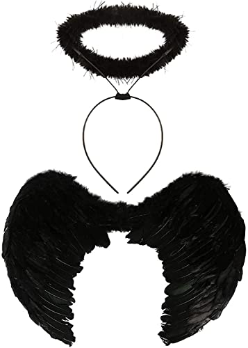 Dreamzfit - Conjunto de alas de plumas y halo de hadas de ángel negro para mujer ~ Dark Fallen Angel Halloween Fancy Dress Disfraz Kit de accesorios para fiesta Cover