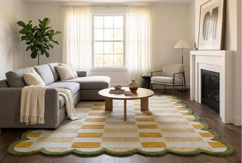 Image of Sifa Carpet Crafted with Care: Premium Hand-Tufted Wool Carpets Scalloped Edges Handmade Area Rugs, Living Room, Bedroom Green, Ivory Color Size 5x7 feet (150x210cm)