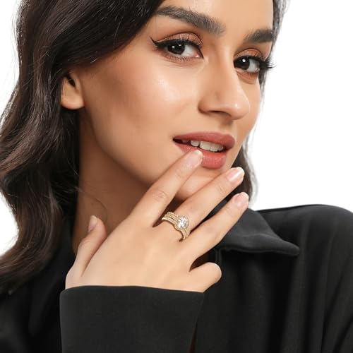 MDFUN Three in One Round/Oval/Eye/Teardrop Halo Wedding Bands Set Engagement Rings 18K Yellow Gold Plated Cubic Zirconia Promise Eternity Band for Women Size 5-102