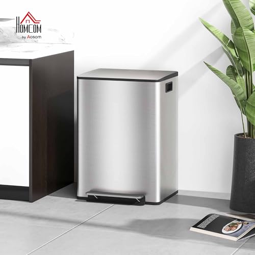 HOMCOM Dual Kitchen Bin, 2 x 30L Stainless Steel Double Pedal Bin with Soft-Close Lid, Removable Inner Buckets and Handles for Recycling and Waste, Silver Tone