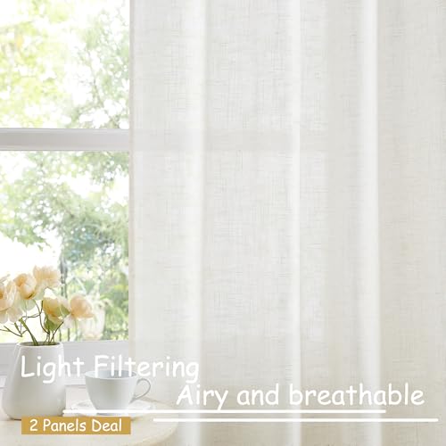 Image of Treatmentex Flax Blend Linen Semi Sheer Curtains for Bedroom 52 x 63 White Light Filtering Privacy Curtain Draprs for Office Sun Room Grommet Top 2pcs