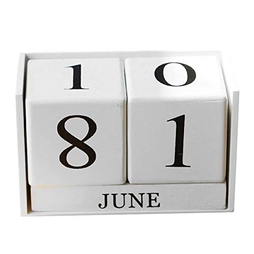 HMILYDYK Perpetual Calendar Natural Wooden Cube Bloack Calendar Home Office Desktop Decor Date Display, White