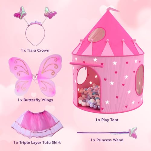 Playz Princess Castle Pop Up Tent & Dress Up Set – Kids Pink Playhouse Tent for Girls with Glow in The Dark Stars, Folda - Additional View
